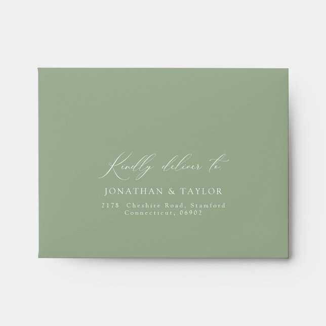 French Toile Floral Sage Green Wedding RSVP Return Envelope (Front)