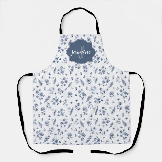 French Toile Monogram Name Watercolor Blue Pattern Apron (Front)