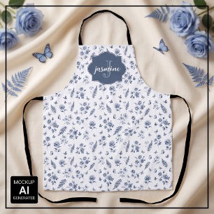 French Toile Monogram Name Watercolor Blue Pattern Apron