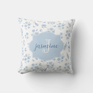 French Toile Monogram Name Watercolor Blue Pattern Cushion