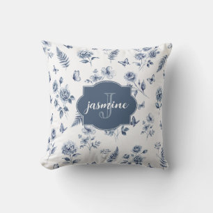 French Toile Monogram Name Watercolor Blue Pattern Cushion