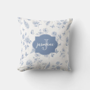 French Toile Monogram Name Watercolor Blue Pattern Cushion