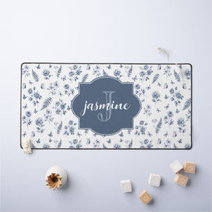 French Toile Monogram Name Watercolor Blue Pattern Desk Mat