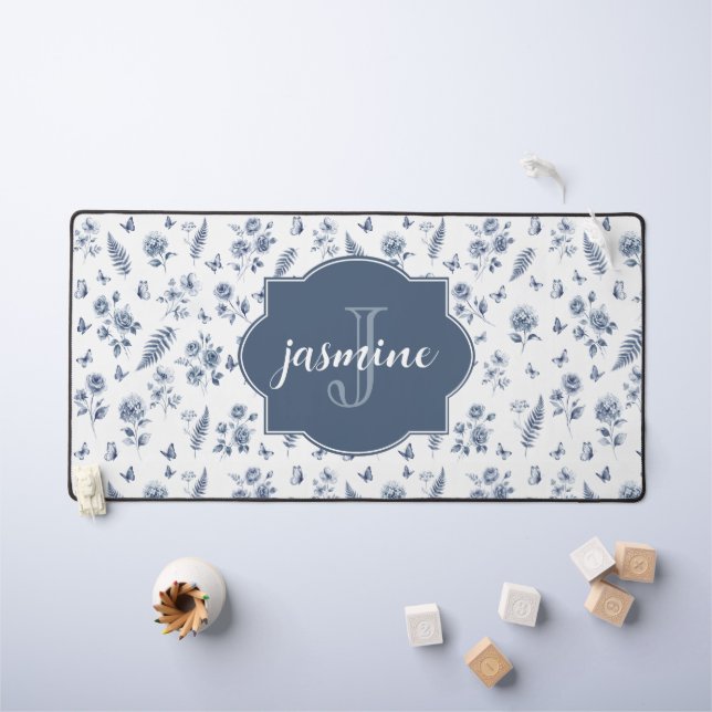 French Toile Monogram Name Watercolor Blue Pattern Desk Mat (Kids Table)