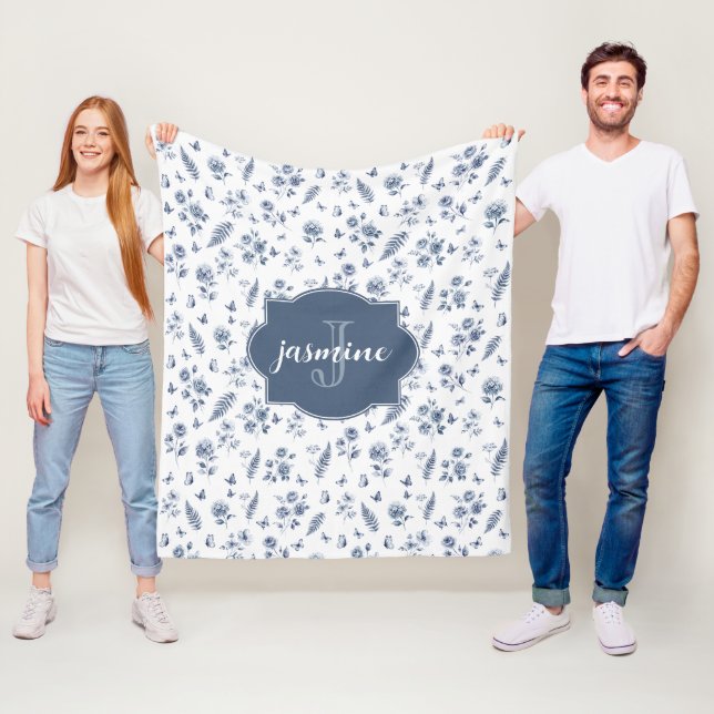 French Toile Monogram Name Watercolor Blue Pattern Fleece Blanket (In Situ)