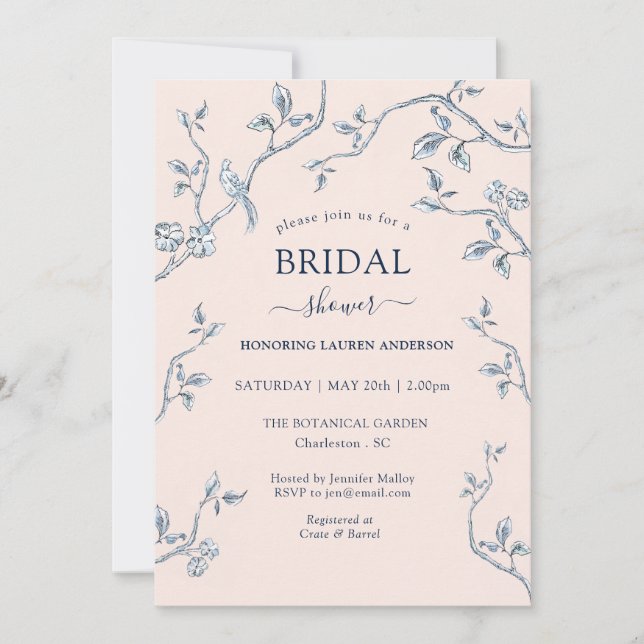 French toile pink & blue Bridal shower  Invitation (Front)