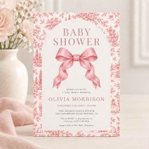 French Toile Pink Bow Baby Shower Girl Invitation