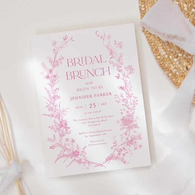 French Toile Pink Floral Bridal Brunch  Invitation (Creator Uploaded)