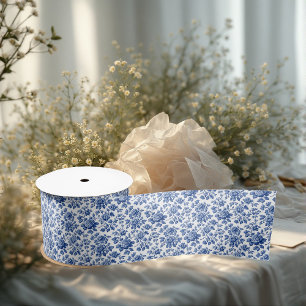 French Toile Powder Blue Floral Elegance Vintage  Satin Ribbon