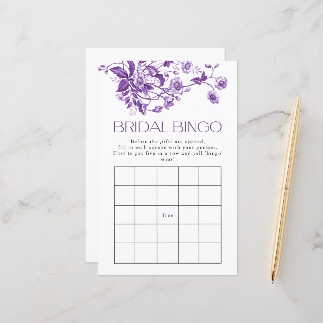 French Toile Purple Floral  Bridal Bingo Game (Front/Back In Situ)