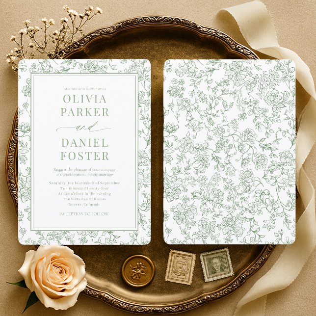 French Toile Sage Green Elegant Wedding Invitation (Creator Uploaded)
