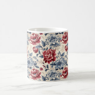 French toile & Toile de Jouy blue and red roses. Coffee Mug