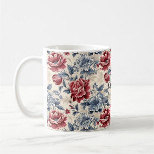 French toile & Toile de Jouy blue and red roses. Coffee Mug