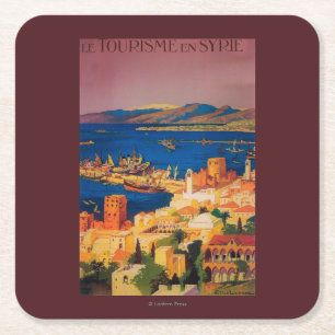 French Travel Poster, Touring in Syria Square Paper Coaster