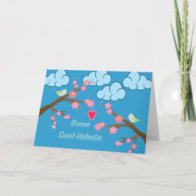 French Valentine's Day Love Birds and Heart Holiday Card (Front)