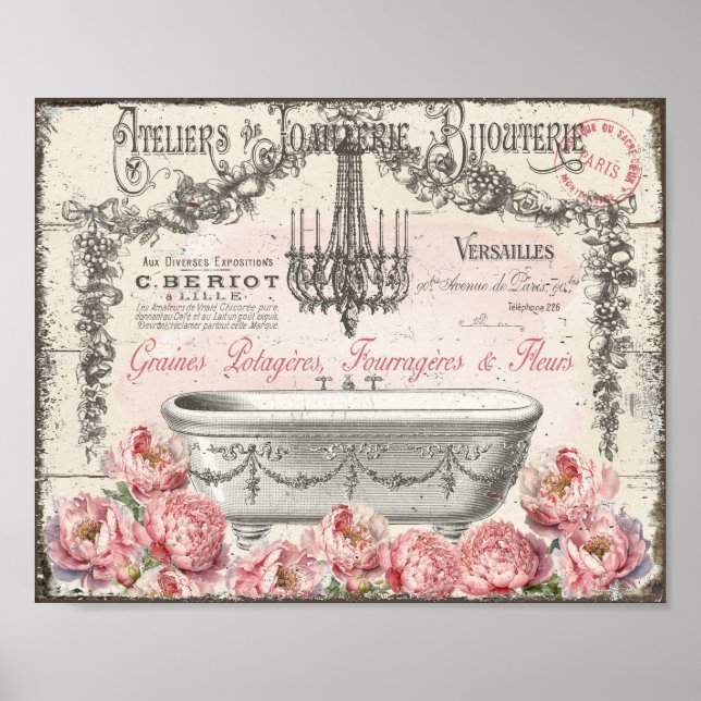 French Victorian Bathtub Peonies Chandelier Poster (Front)