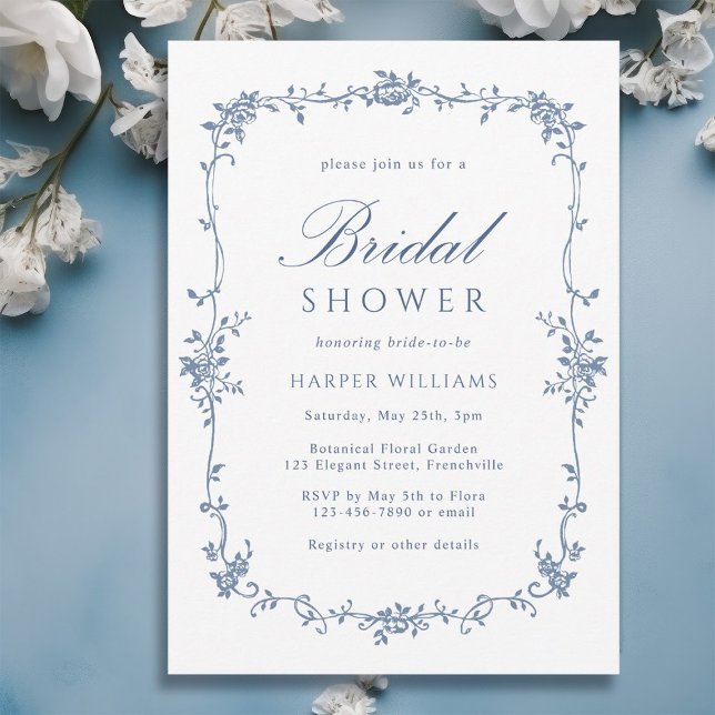French Victorian Blue Floral Classy Bridal Shower Invitation (Creator Uploaded)
