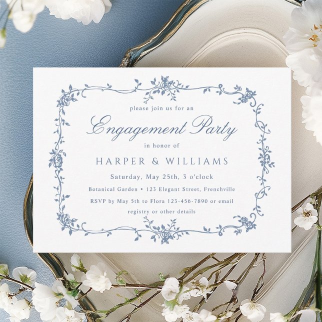French Victorian Blue Floral Engagement Party Invitation (Creator Uploaded)