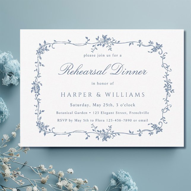 French Victorian Blue Floral Rehearsal Dinner Invitation (Creator Uploaded)
