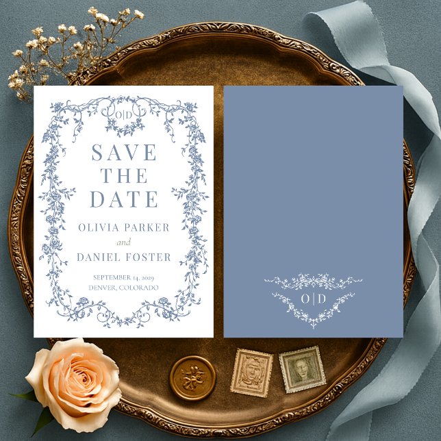 French Victorian Dusty Blue Wedding Save the Date (Creator Uploaded)