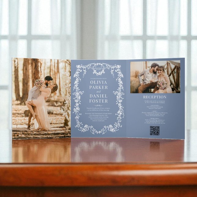French Victorian QR Code Dusty Blue Photo Wedding Tri-Fold Invitation (Creator Uploaded)