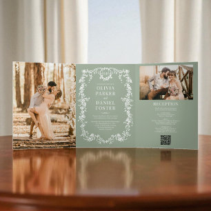 French Victorian Sage Green QR Code Photo Wedding Tri-Fold Invitation
