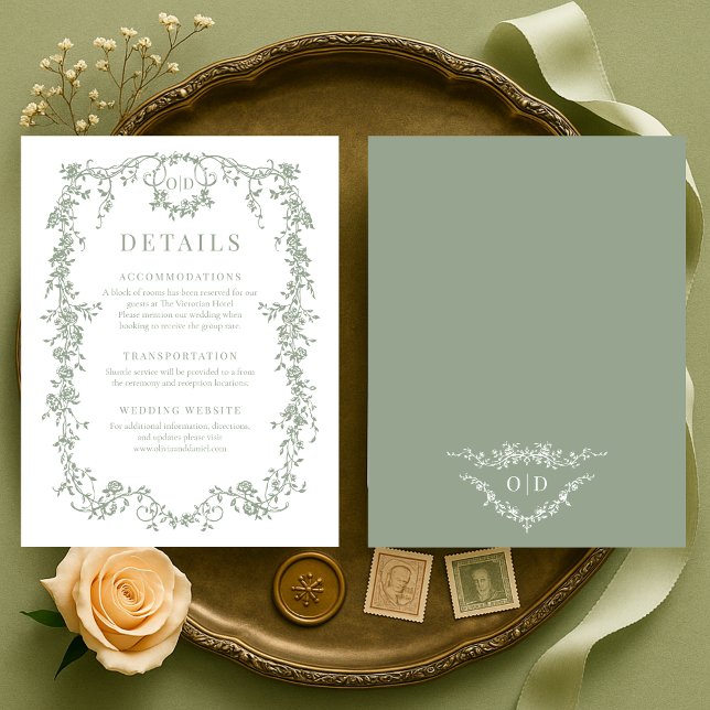 French Victorian Sage Green Wedding Details Invitation (Creator Uploaded)