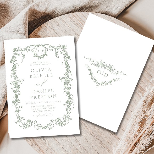 French Victorian Sage Green Wedding Monogram Invitation (Creator Uploaded)
