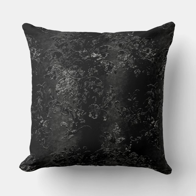 French Vintage Black Floral Damask Pattern Cushion (Front)
