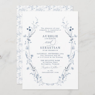 French Vintage Blue Floral Wedding Invitation