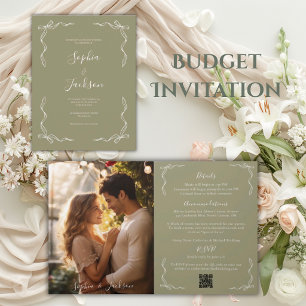 French Vintage Budget Photo Sage Wedding Invitation