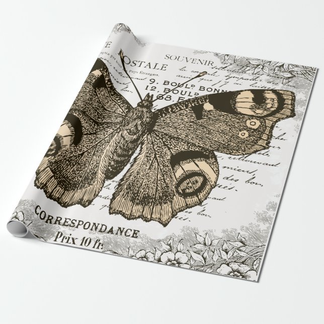 French Vintage Butterfly Wrapping Paper (Unrolled)