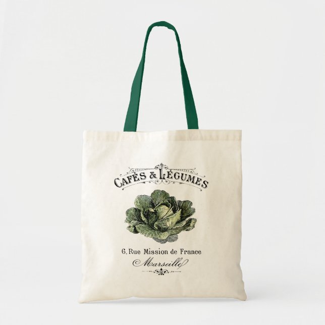French Vintage Cafe Veggie Vegan Cabbage Tote Bag (Front)