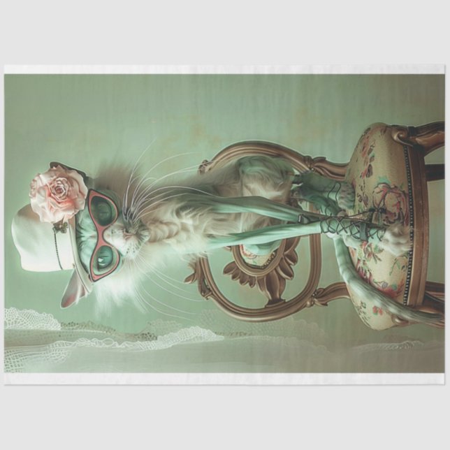 French Vintage Elegant Sage Cat Decoupage  Tissue Paper (Front)