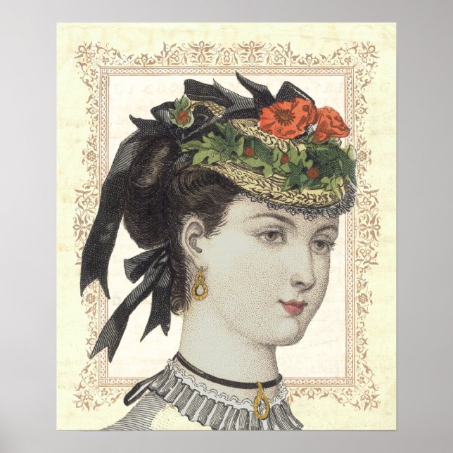French Vintage Fashion Lady Poppies in Hat Poster (Front)