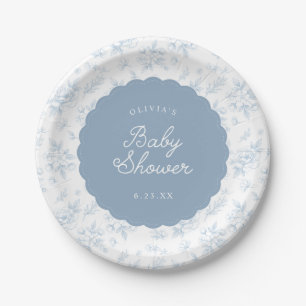 French Vintage Floral Blue Scalloped Baby Shower Paper Plate
