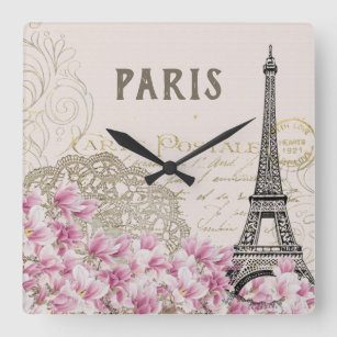 FRENCH VINTAGE FLORAL STYLE. PINK EIFFEL TOWER SQUARE WALL CLOCK
