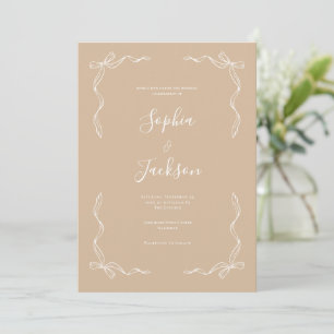 French Vintage Hand Drawn Ribbon Beige Wedding Invitation