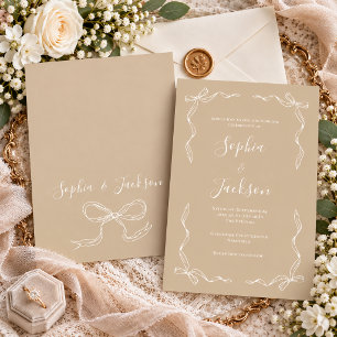 French Vintage Hand Drawn Ribbon Beige Wedding Invitation