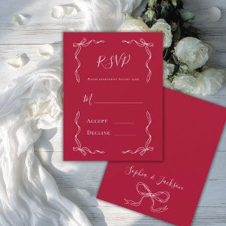 French Vintage Hand Drawn Strawberry Red Wedding RSVP Card