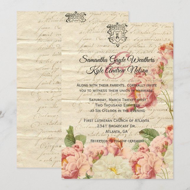 French Vintage Letter and Roses Wedding Invitation (Front/Back)