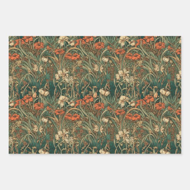 French, vintage, nouveau inspired wildflowers wrapping paper sheet (Front)