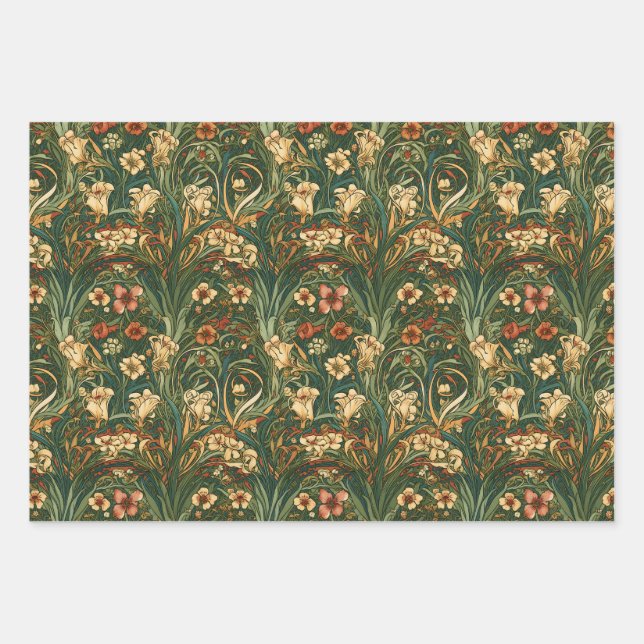 French, vintage, nouveau inspired wildflowers wrapping paper sheet (Front)