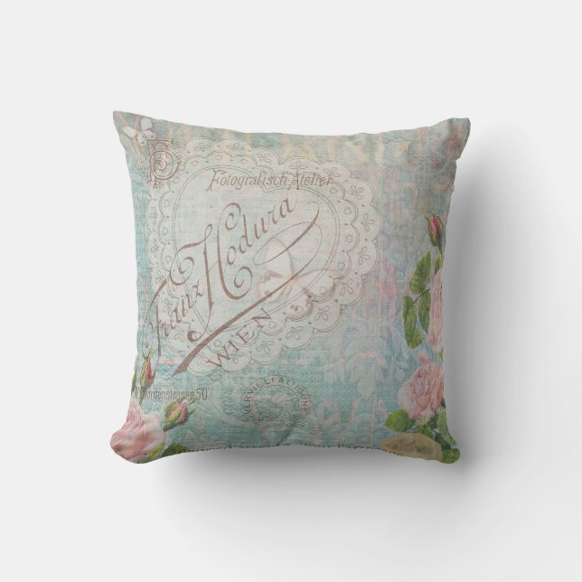 French Vintage Roses and Heart Collage Bleu Cushion (Front)