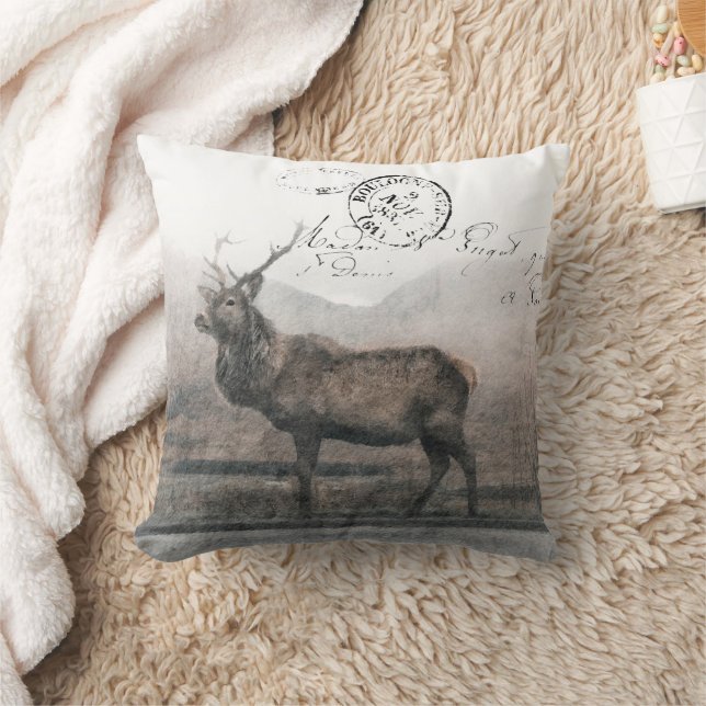 French Vintage Stag Faux Leather Holiday  Cushion (Blanket)
