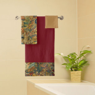 French Vintage Tapestry Jewel Tones Burgundy Wine Bath Towel Set