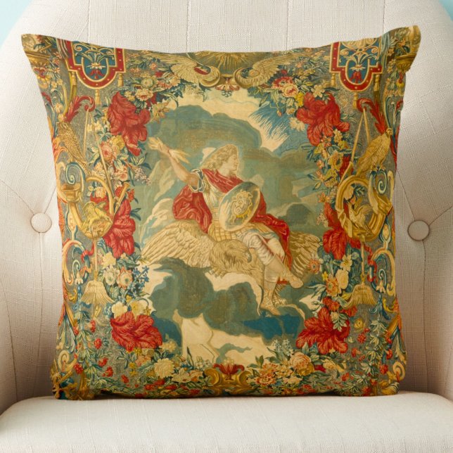 French Vintage Tapestry Jewel Tones Colourful  Cushion (Add a splash of color and elegance to a living room with this French vintage tapestry throw pillow.)