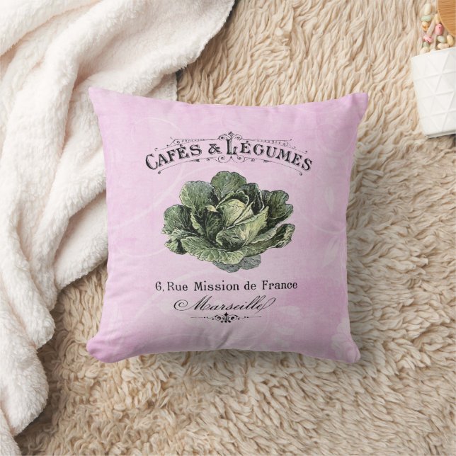 French Vintage Veggie Vegan Cabbage Pink Cushion (Blanket)