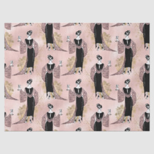 French Vintage Woman with Wine on Blush Pink Tissue Paper