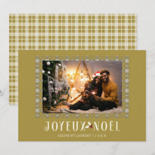 French White Gold Tartan Joyeux Noël Custom Photo Holiday Card